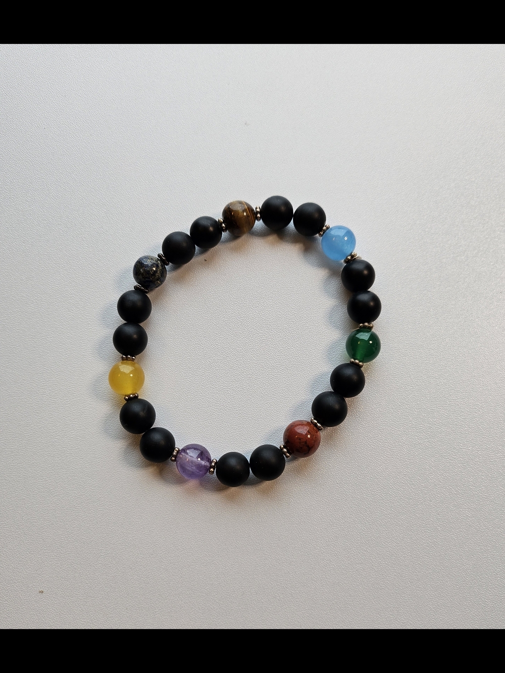Matte Black Beaded Chakra Bracelet with Multicolor Gem Accents